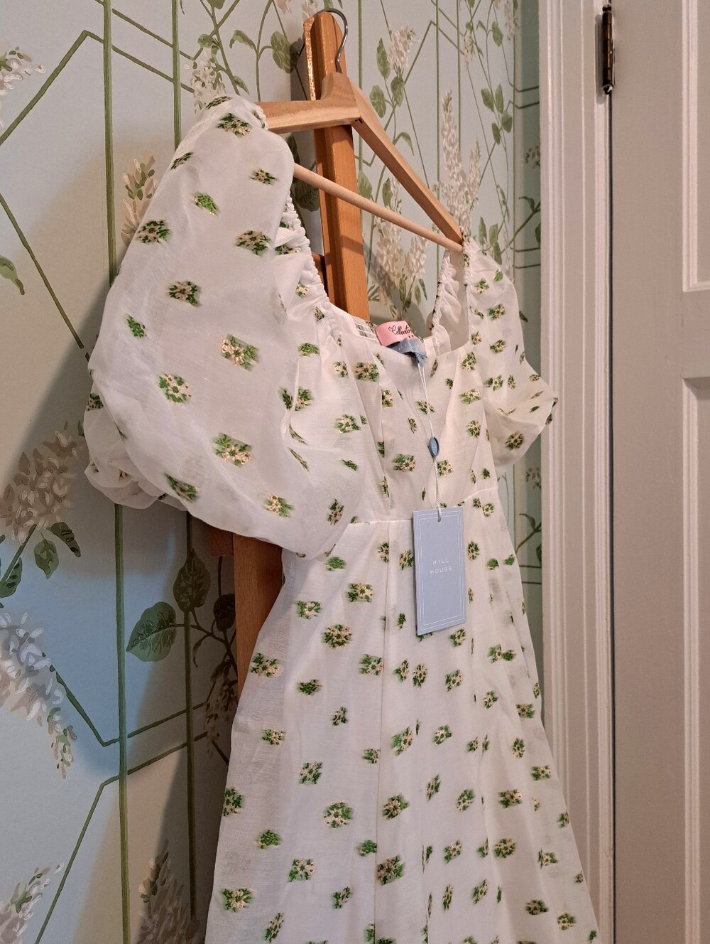 Floral Puff-Sleeve Hill House "Matilda" Midi Dress in White and Green - Picture 7 of 11